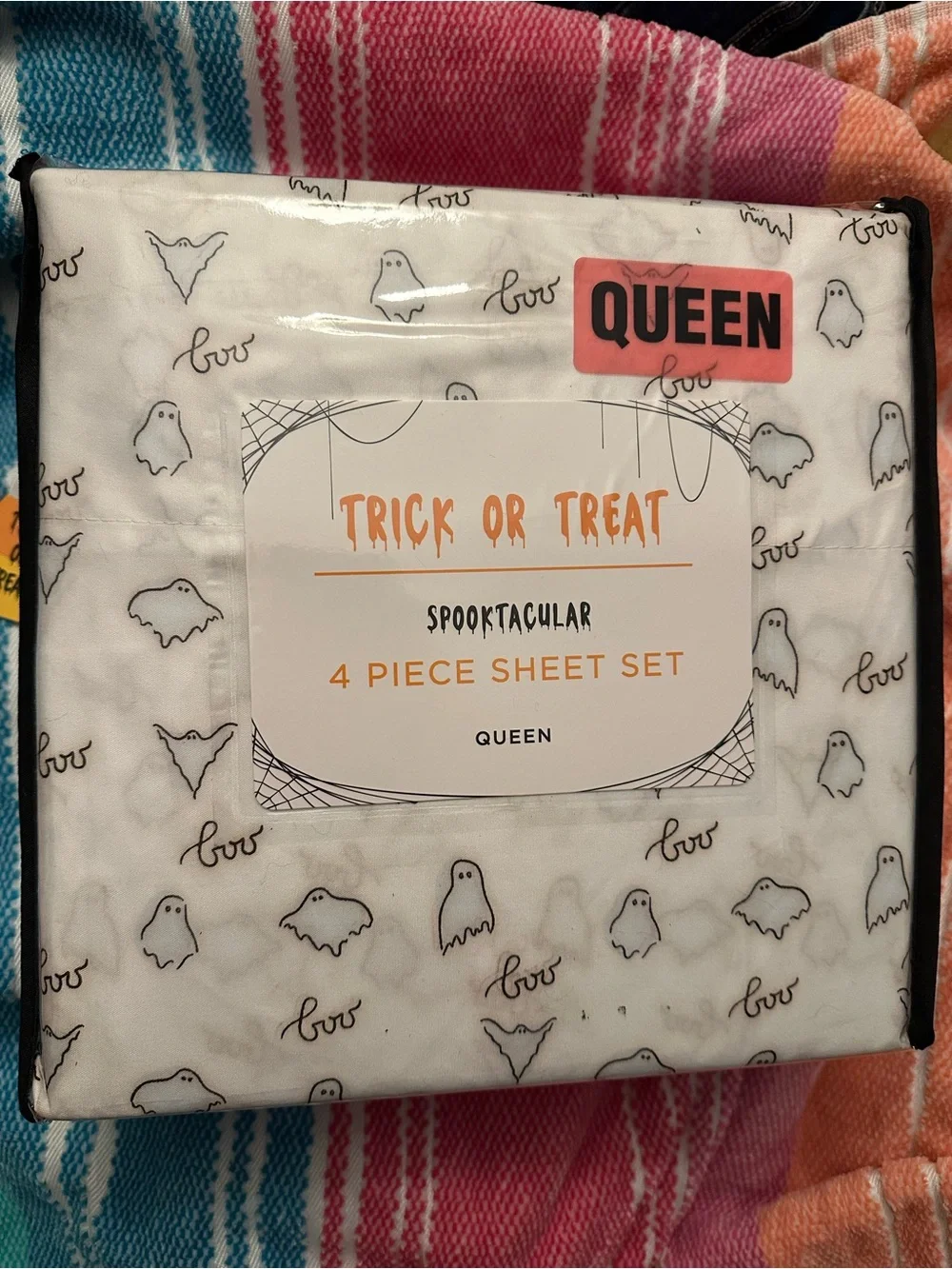 Queen 4-Piece Sheet Set - White with Ghost Pattern NWT!